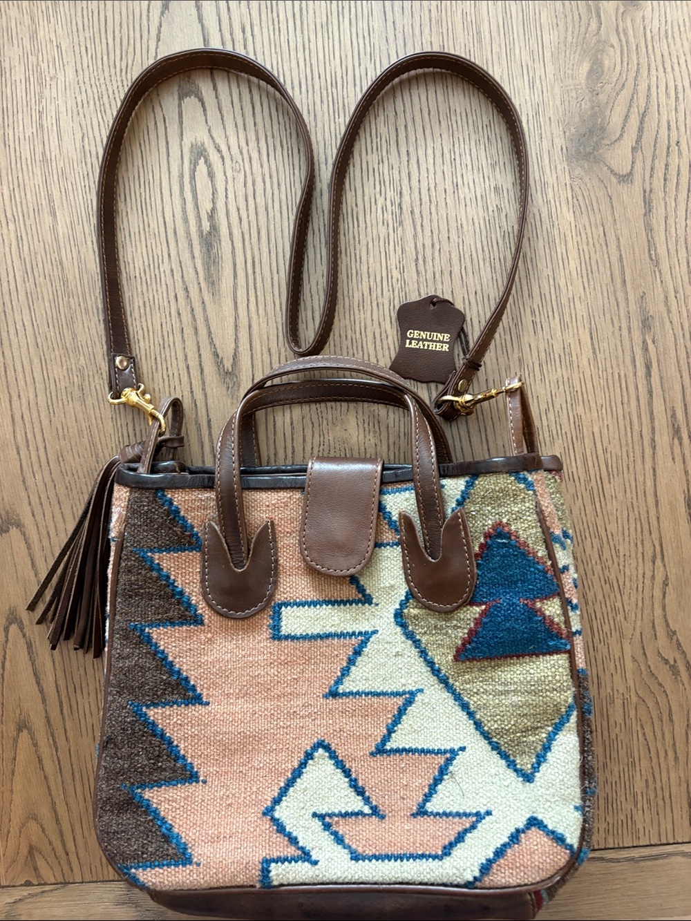 EUC Multicolor Southwestern Wool Shoulder/Crossbody Bag W/Genuine Leather Trim